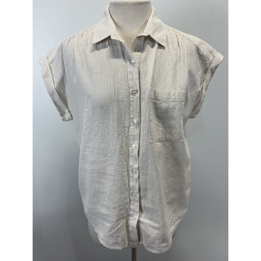Saks Fifth Avenue Button Up Shirt Sz Small Women's Tan White Stripe Boxy Coastal